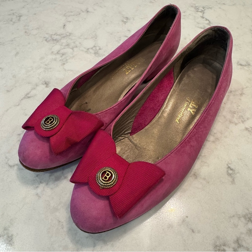 Vintage Bally of Switzerland Pink Suede Flats w/ Signature Bow – Size 6.5 m